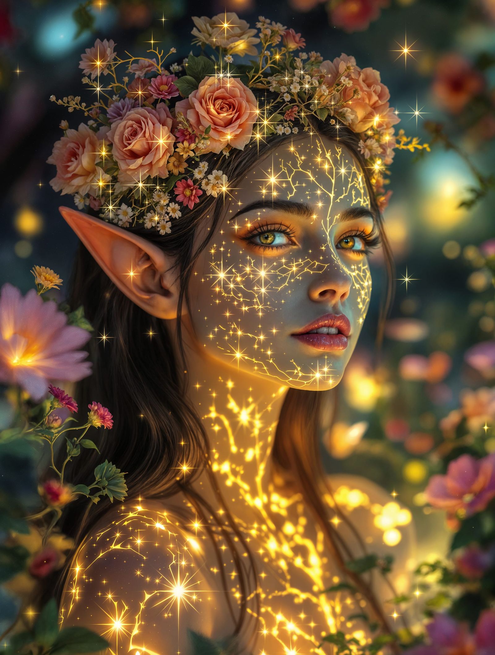 Ethereal Goddess Surrounded by Celestial Flowers