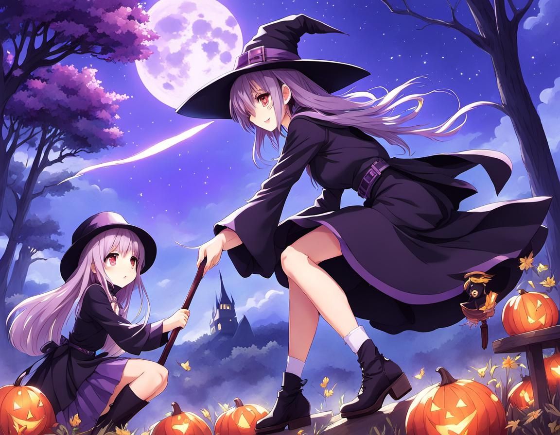 Charming Purple Witch Comforting a Girl: Anime Style