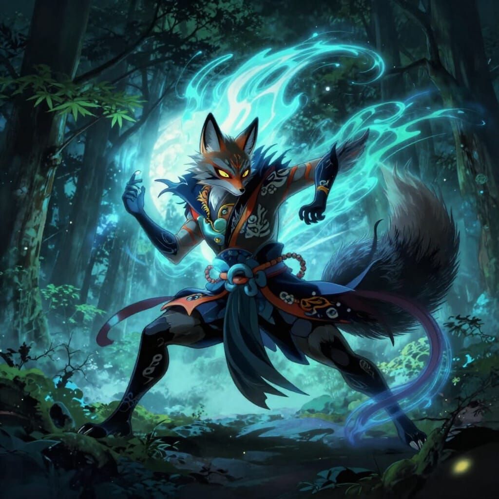 Mischievous Kitsune Spirit in Ukiyo-e Style Digital Painting