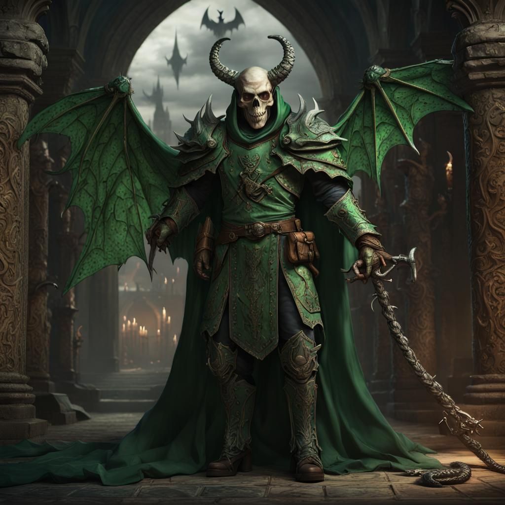 Skull-Faced Demon Guarding Snake Temple: Dark Fantasy Art