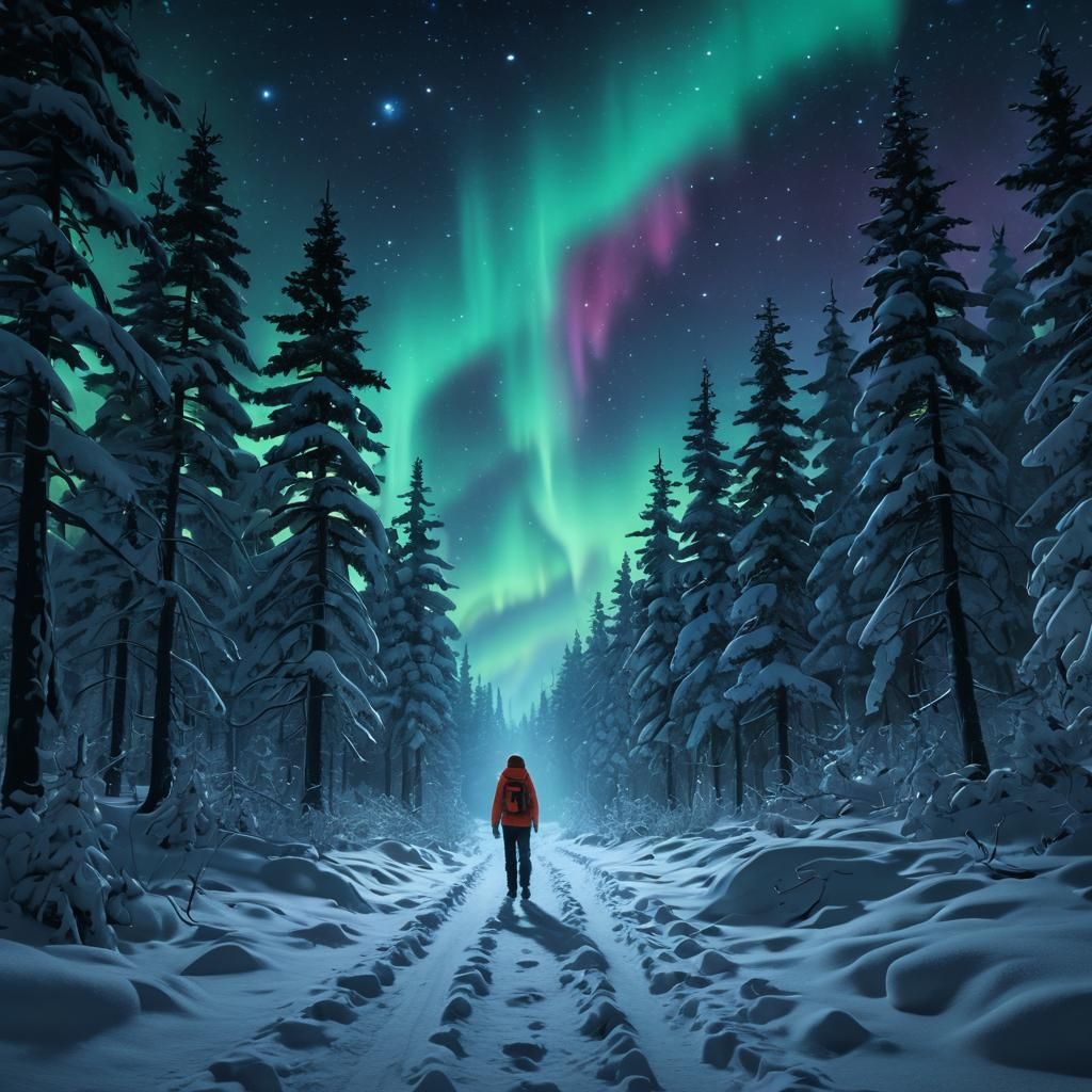 Aurora Borealis Forest Path in Hyperrealism