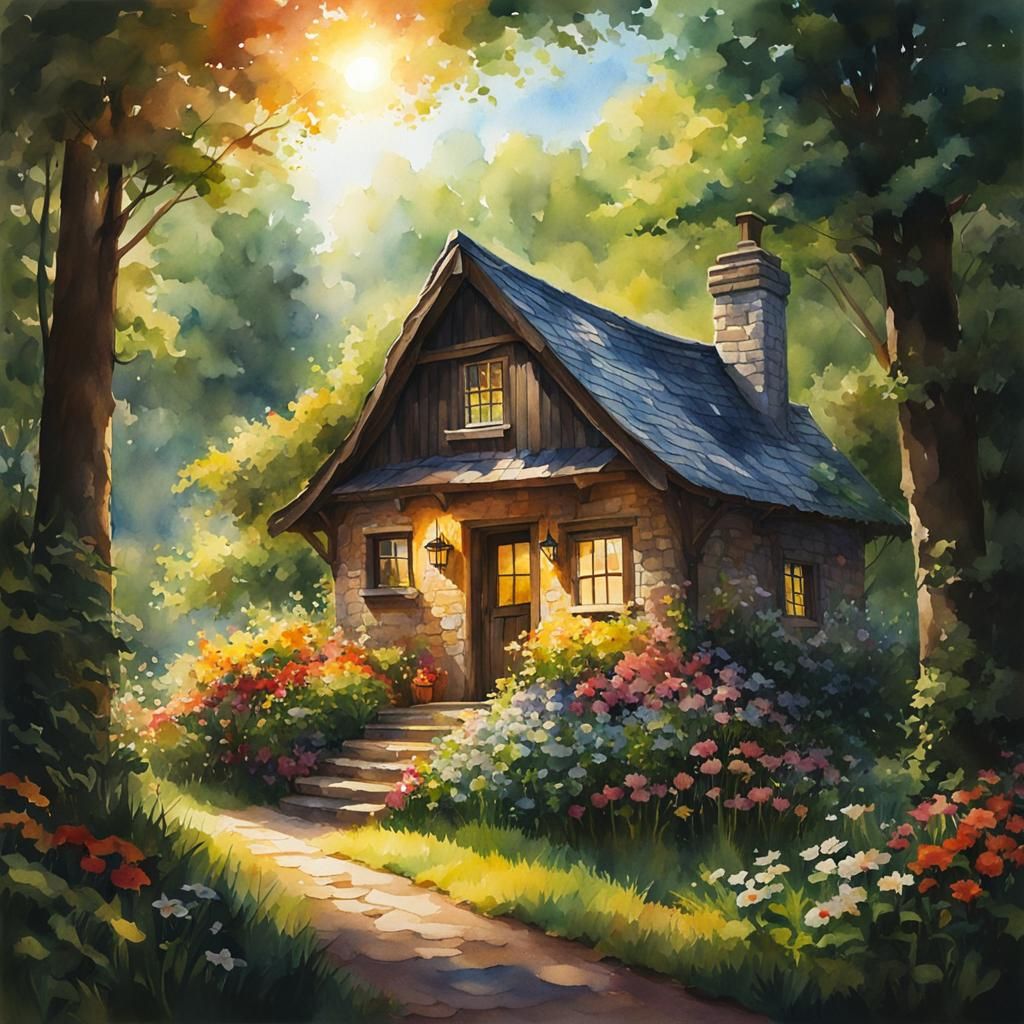 Cute Cottage in Woods: Watercolor Splash Art