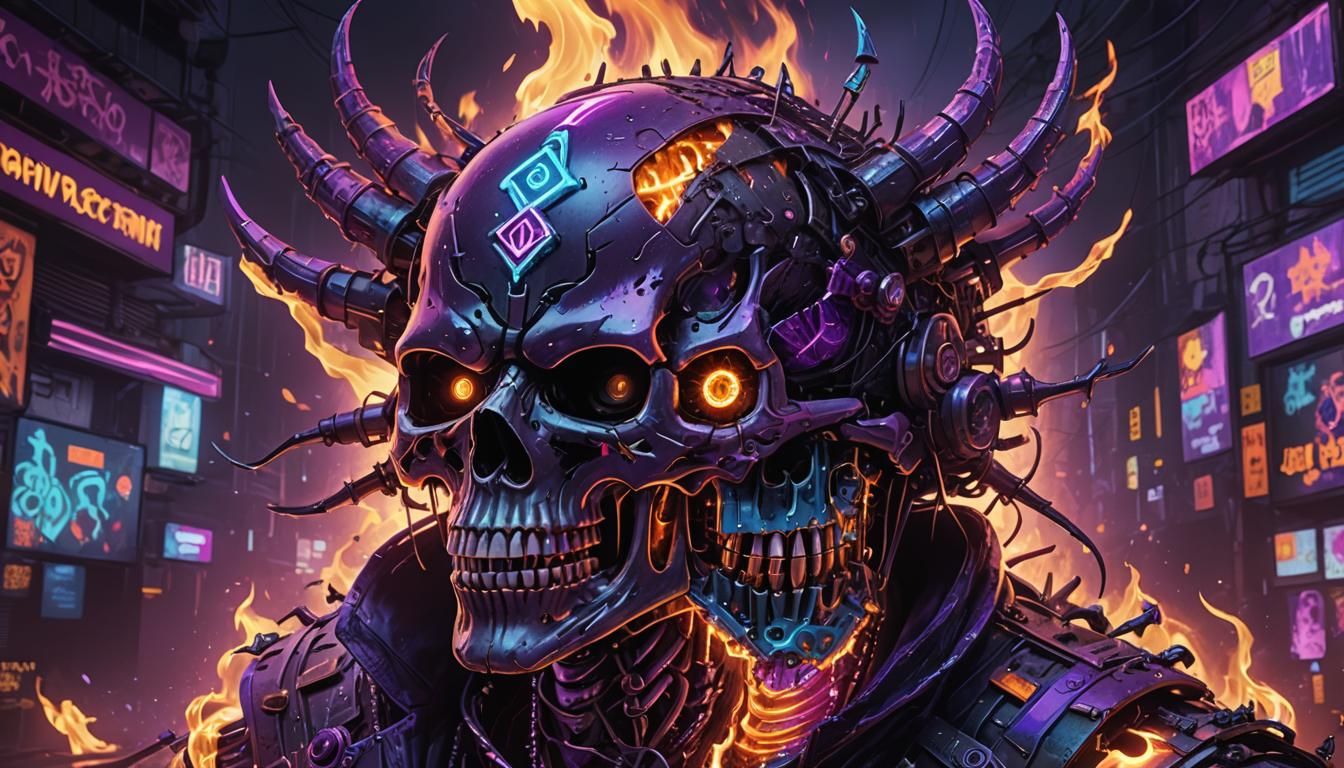 Demonic Skull with Purple Aura in Cyberpunk Style