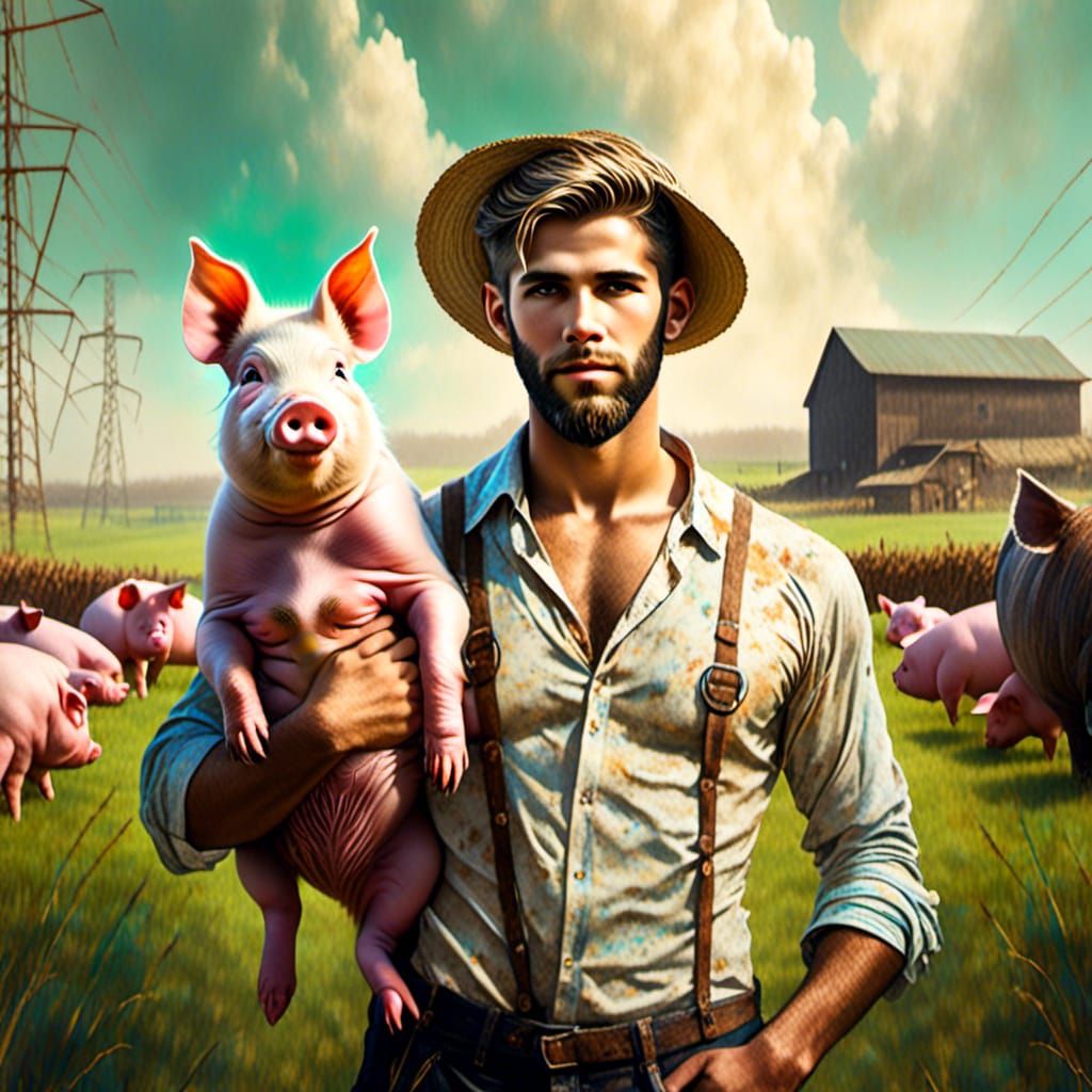 Handsome farmer with pigs
