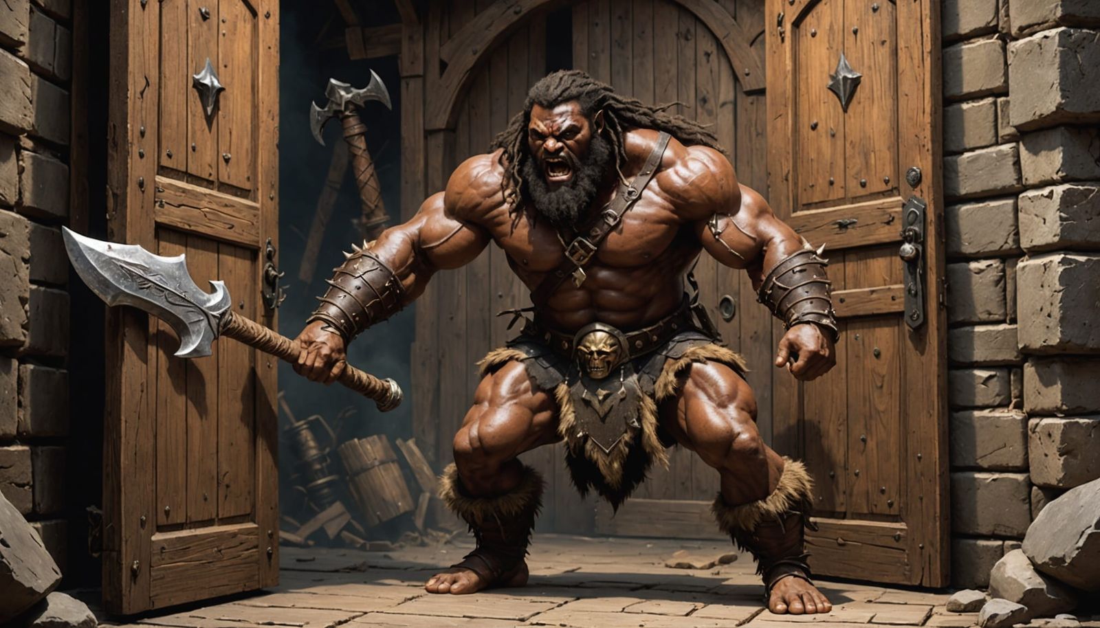 Savage Barbarian Warrior Smashes Castle Door in Epic Fantasy...