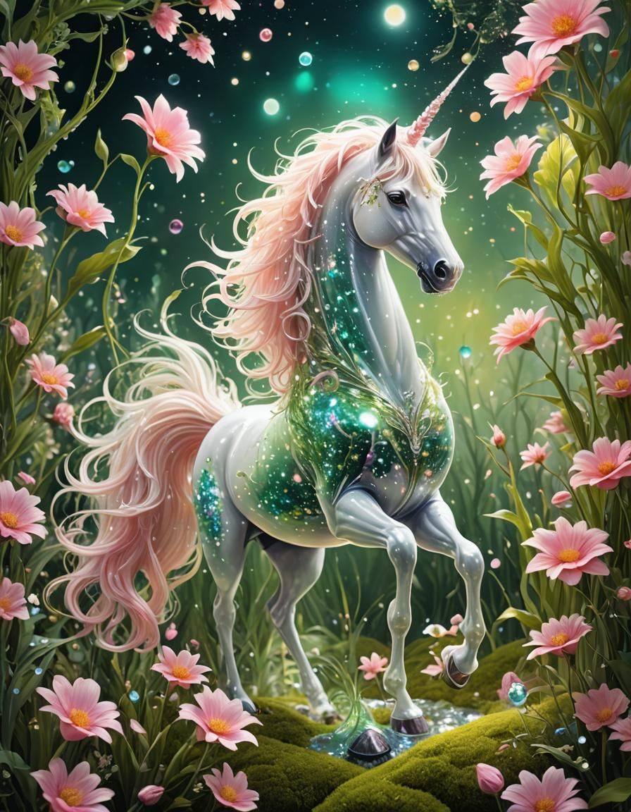 Luminescent Glass Unicorn in Whimsical Wonderland