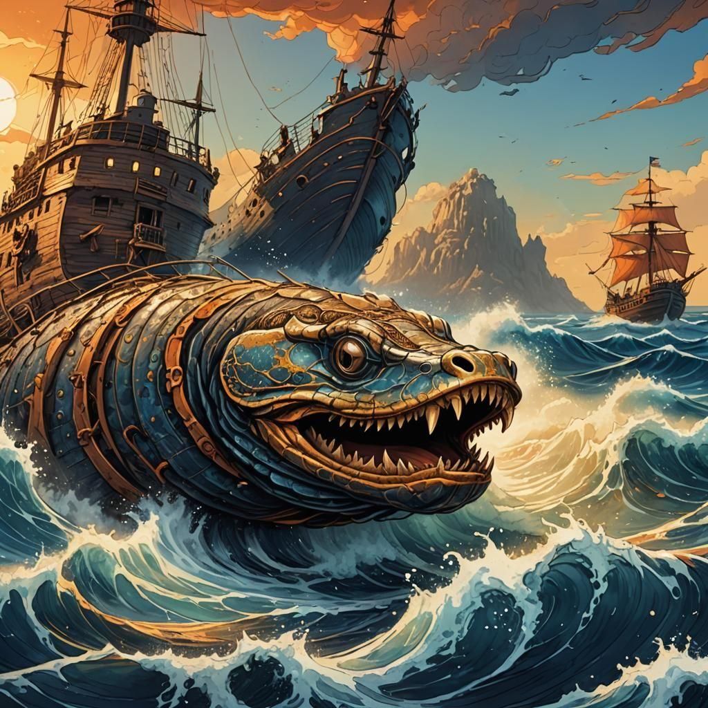 Giant Eel Eats Ship in Pen Style Drawing
