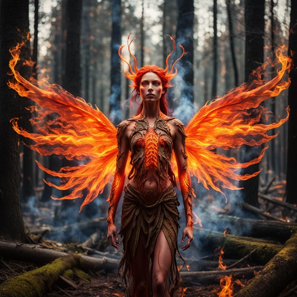 Fire Nymph Portrait in Burning Forest