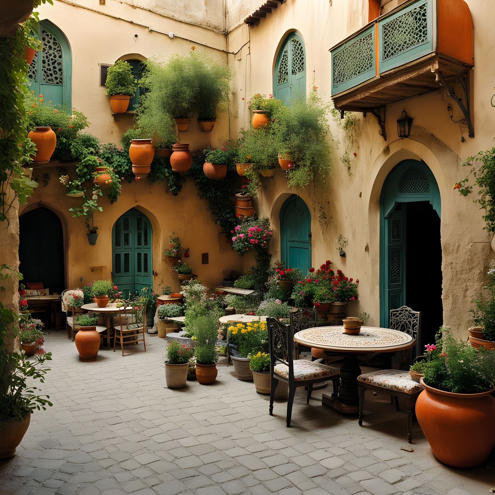 Arabic Courtyard with Flower Pots in Cozy Old Town