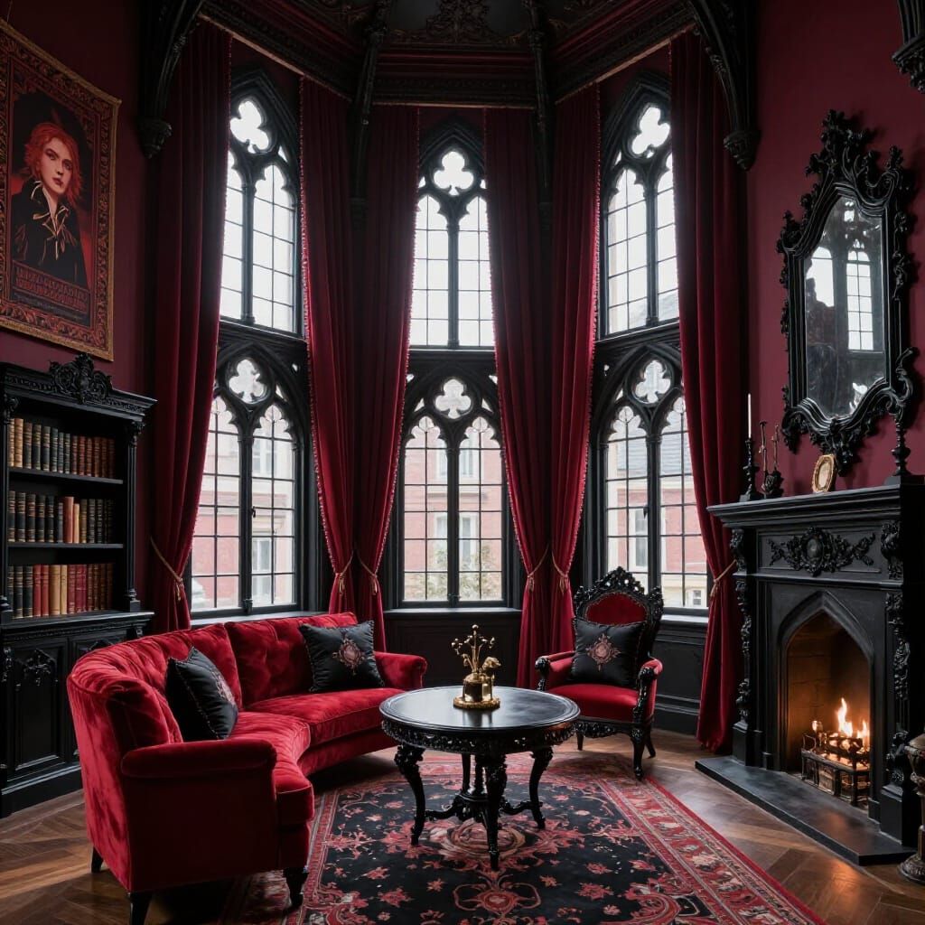 Burgundy red gothic penthouse with black gothic windows& elegant Gothic red curtains& Red Gothic furniture& Black Gothic...