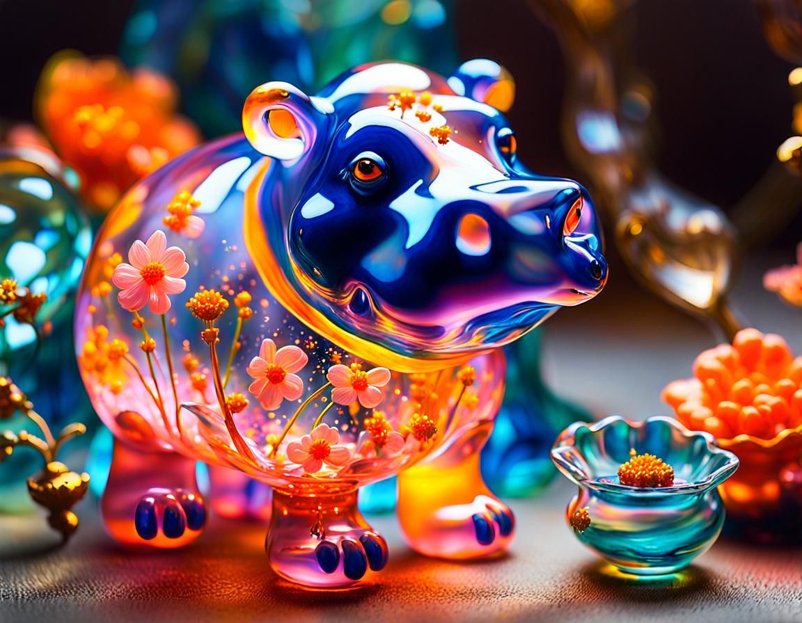 Delicate Glass Hippo Sculpture in Impressionistic Oil Painti...