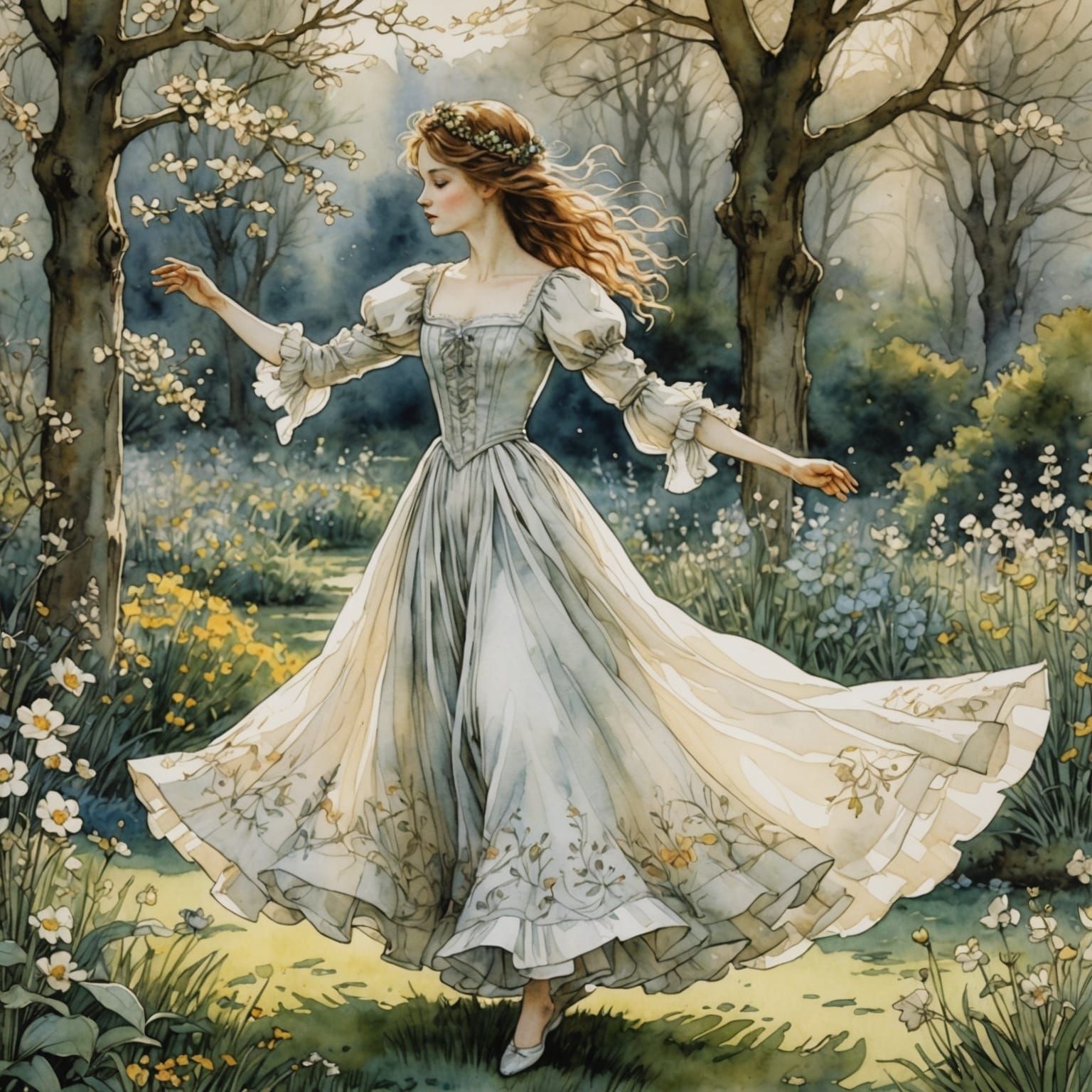 Girl Dancing in Spring Garden Watercolor, Anime Style