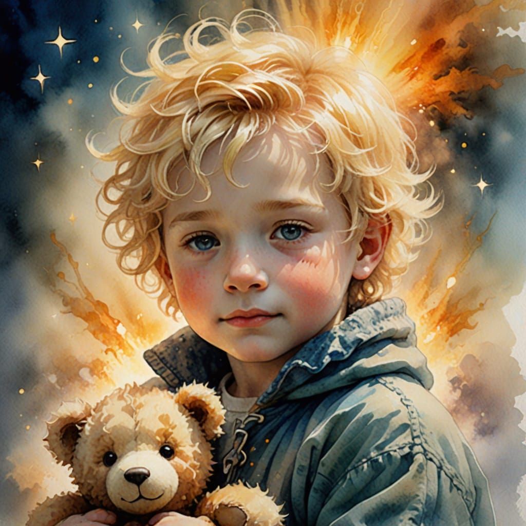 Child's Tender Embrace: Watercolor Teddy Bear Cuddle