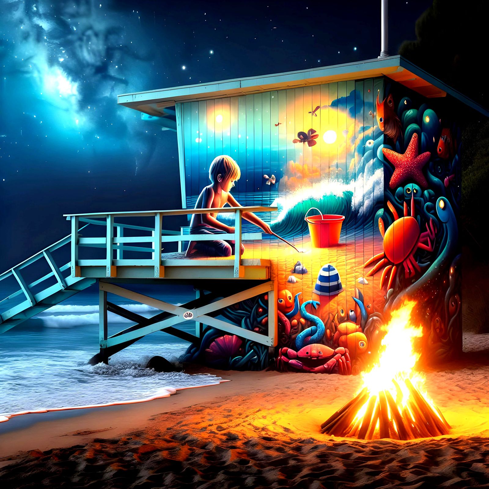Beach Bonfire with Street Art Lifeguard Tower