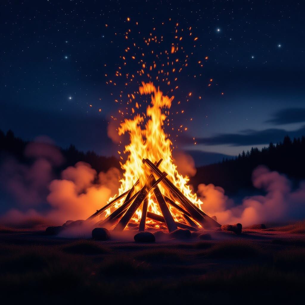 Colossal Bonfire Ignites Starry Night Sky
