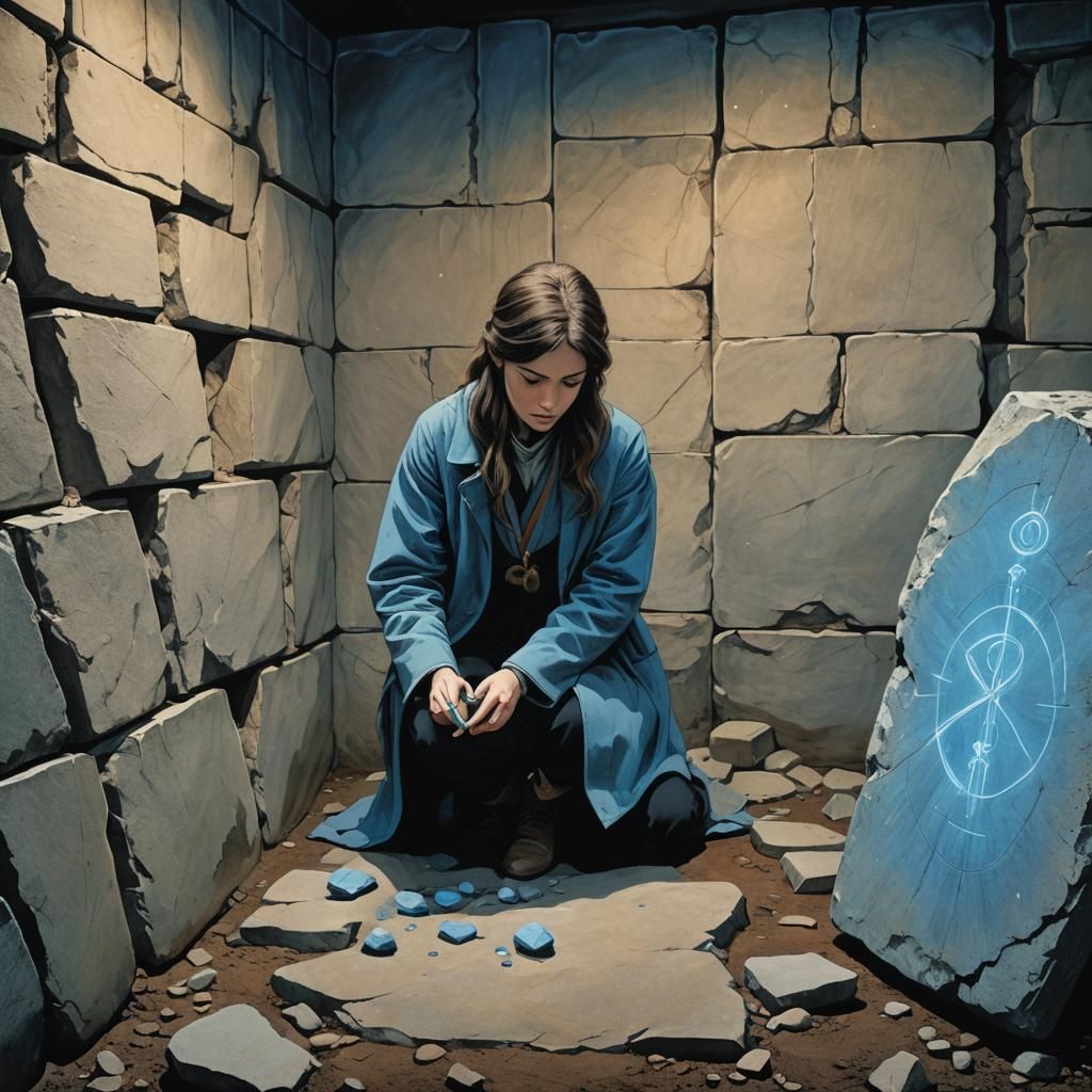 Blue Rune on Stone in Film Noir Solarpunk