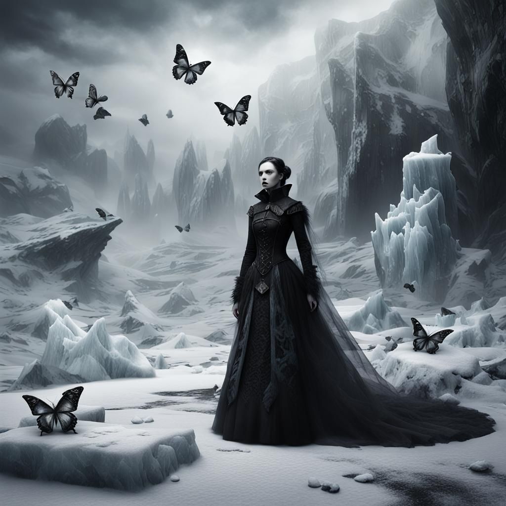 Goth Fashion Model in Icy Landscape: Black and White Photogr...