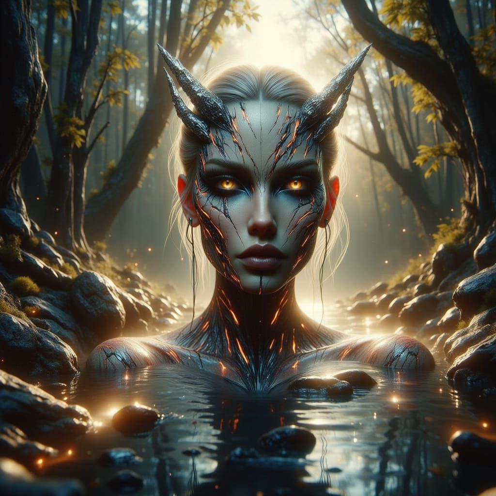 Avant-Garde Woman in Enchanting Forest, Digital Art