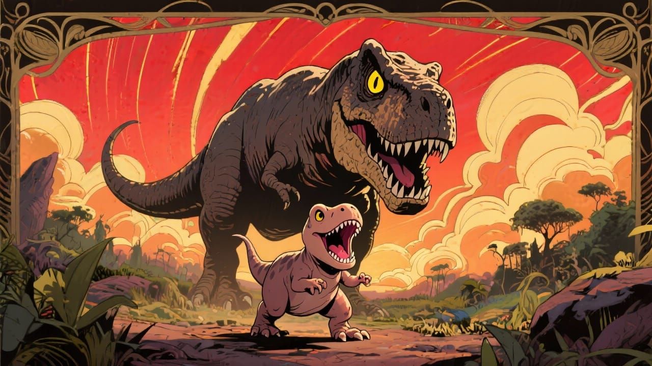 Baby T-Rex Roars Under Majestic T-Rex in Art Nouveau Style