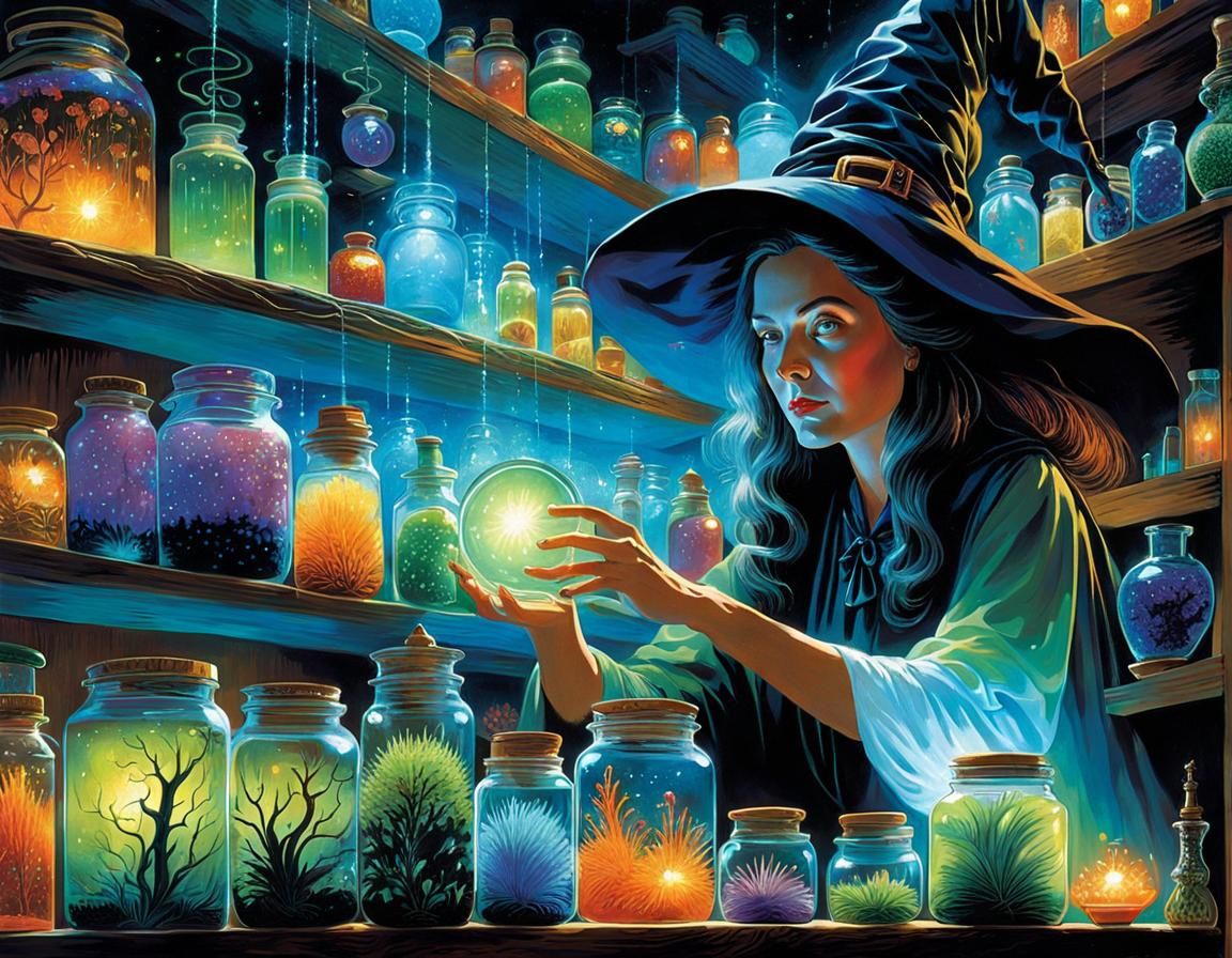 Whimsical Witch Portrait with Bioluminescent Potions