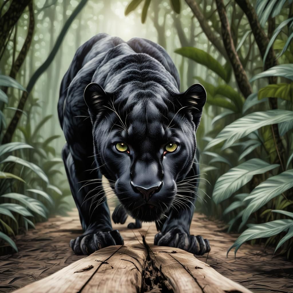 Black Panther Crawling Over Jungle Log