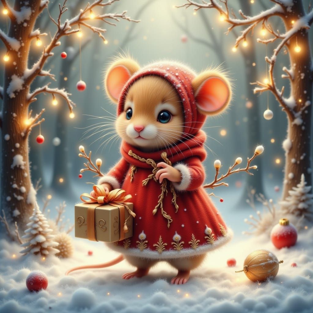Mouse in Vintage Dress with Gift in Enchanted Forest