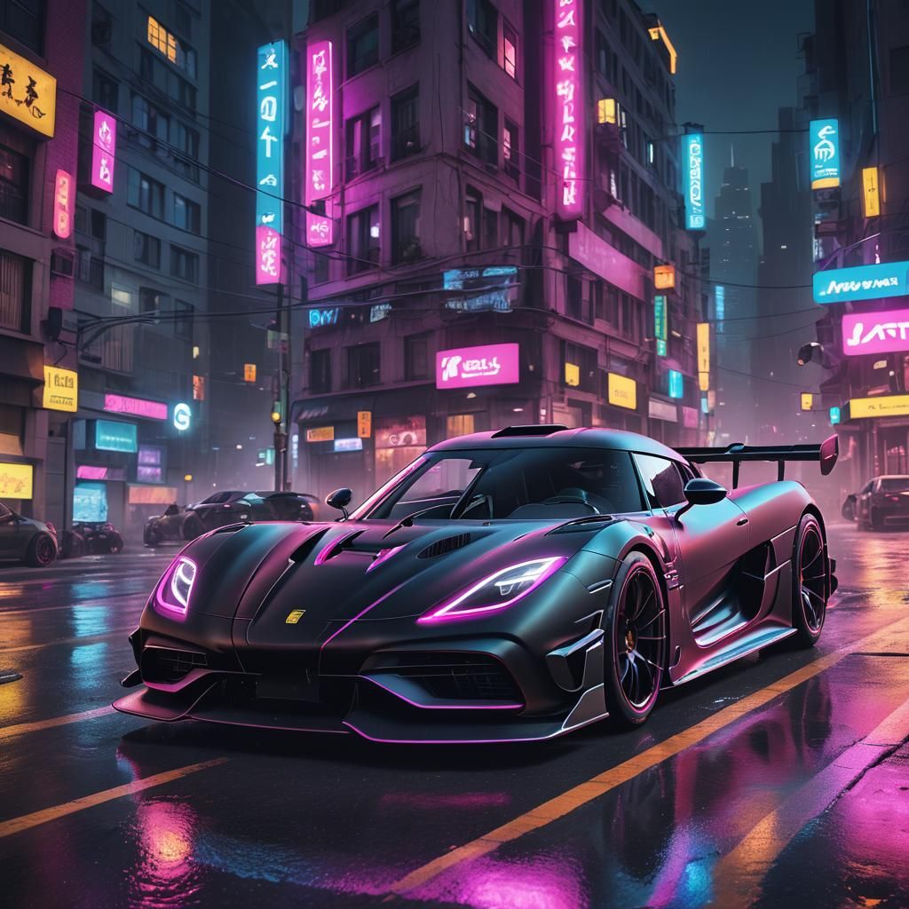 Matte Black Koenigsegg Jesko Drifting in Neon City