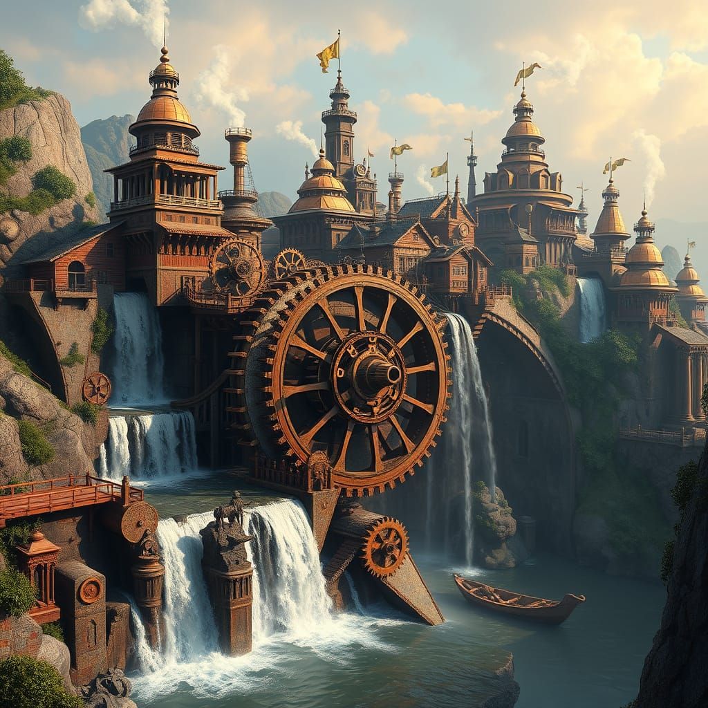 Steampunk Waterwheel Powers Floating Island City in Copper a...