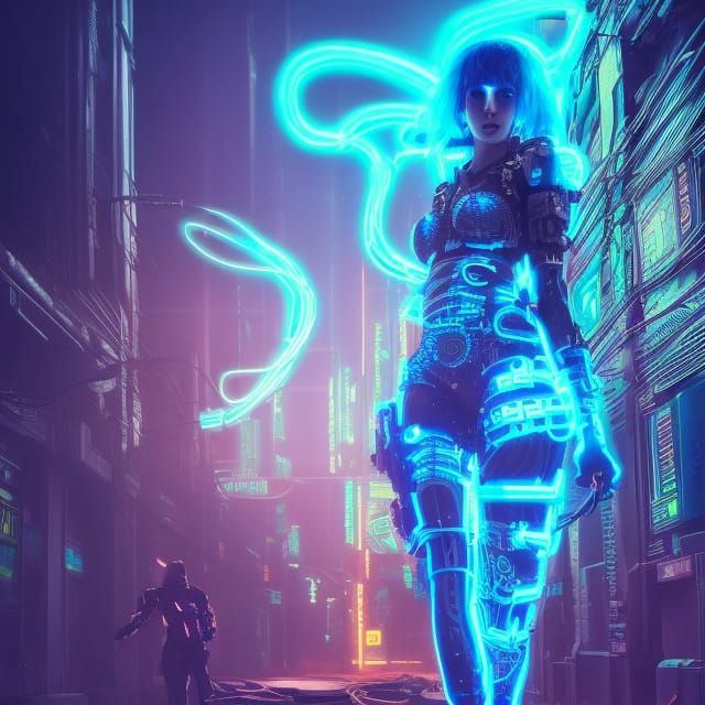 Cyberpunk Warrior in Neon Cityscape