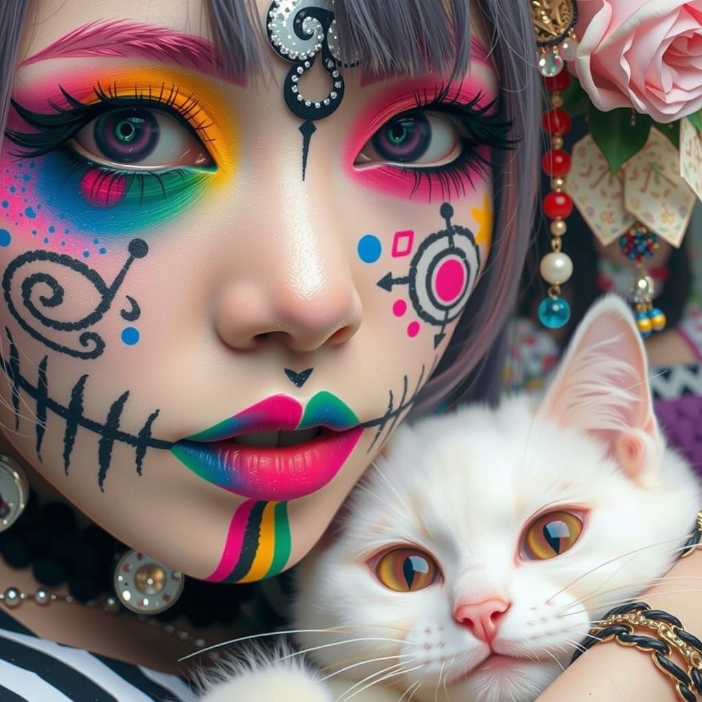 Japanese Woman with Cat in Harajuku Anime Style