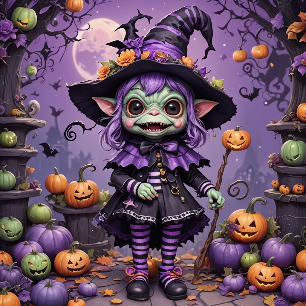 Kawaii Gremlin in Jack-o-Lantern: Anime Style
