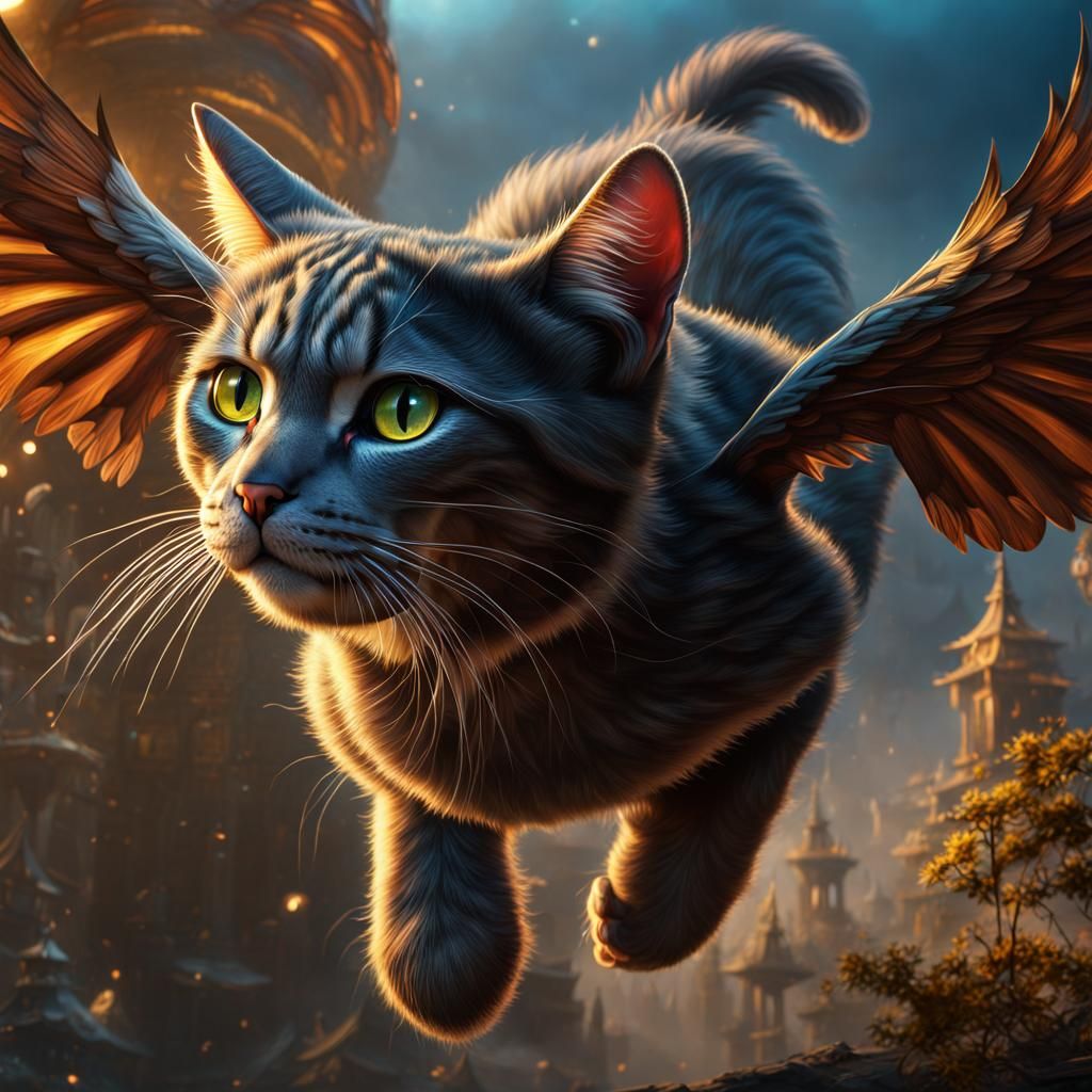 Fantastical Flying Cat in Detailed Digital Painting