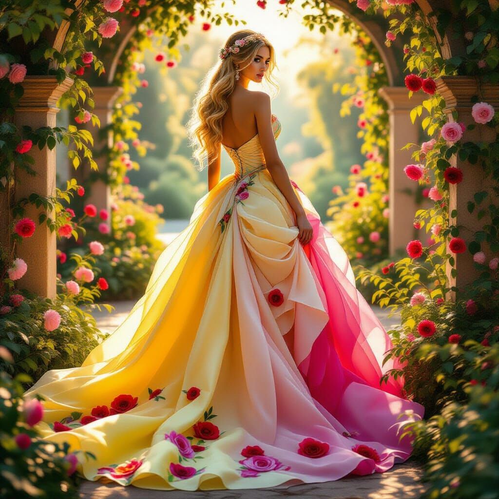 Woman in Evolving Yellow to Pink Gown with Blooming Roses