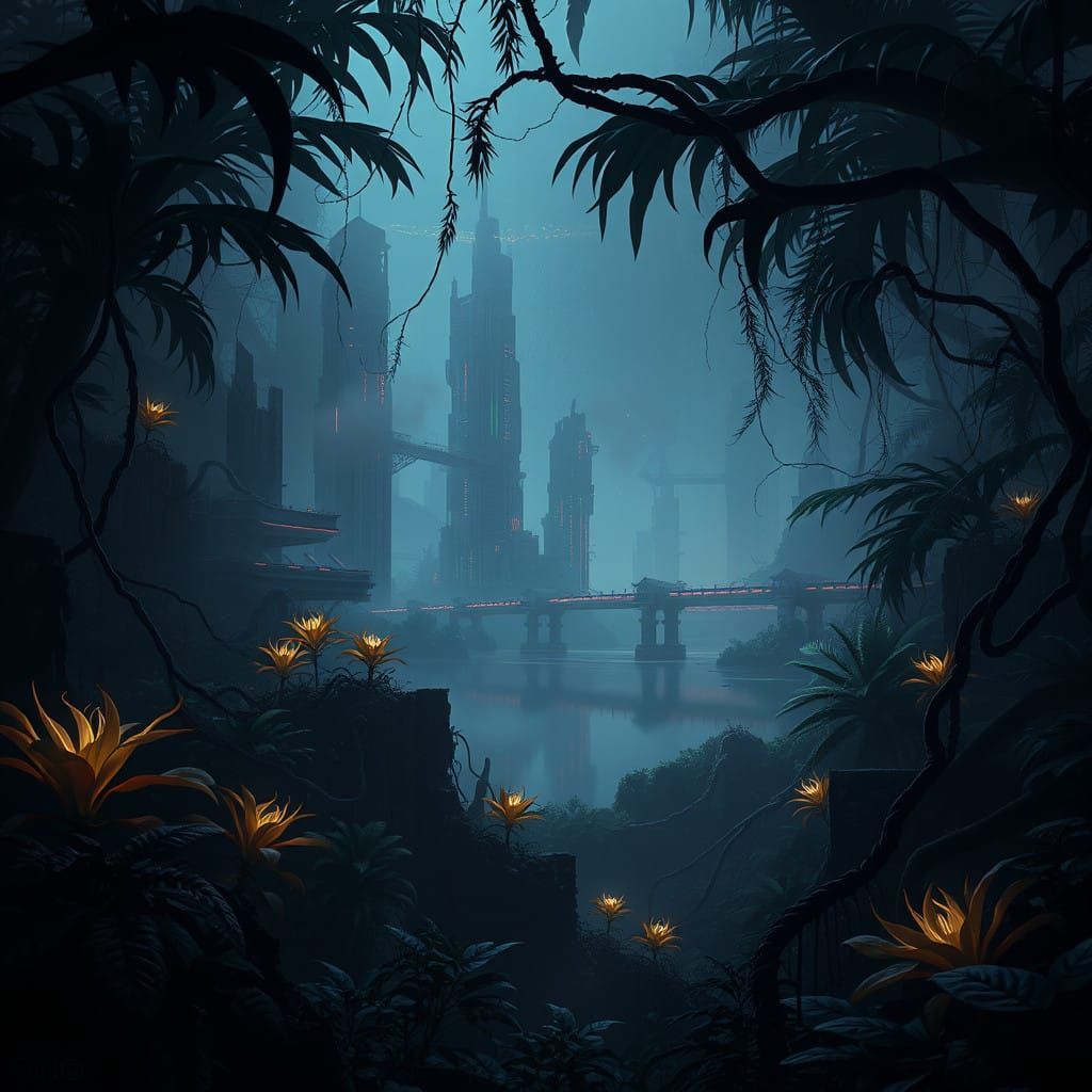 Eerie Cyberpunk City in Tropical Ruins