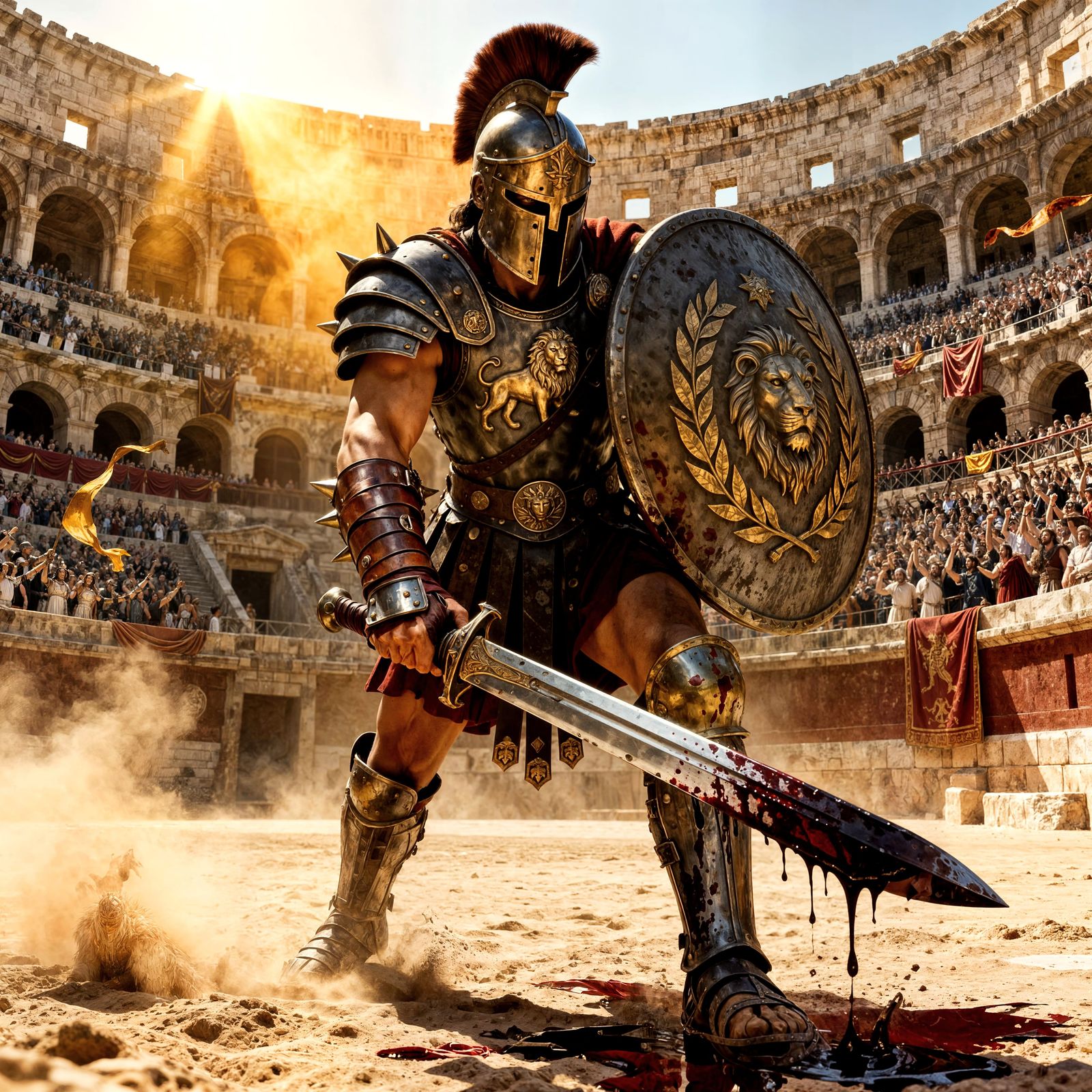 Gladiator Warrior in Colosseum with Wine-Streaked Gladius