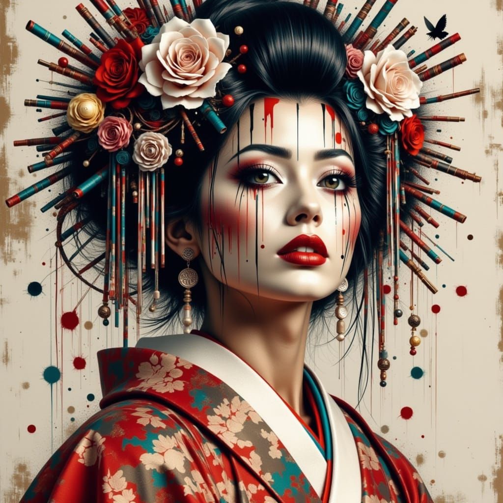 Cyberpunk Geisha in Neon Landscape