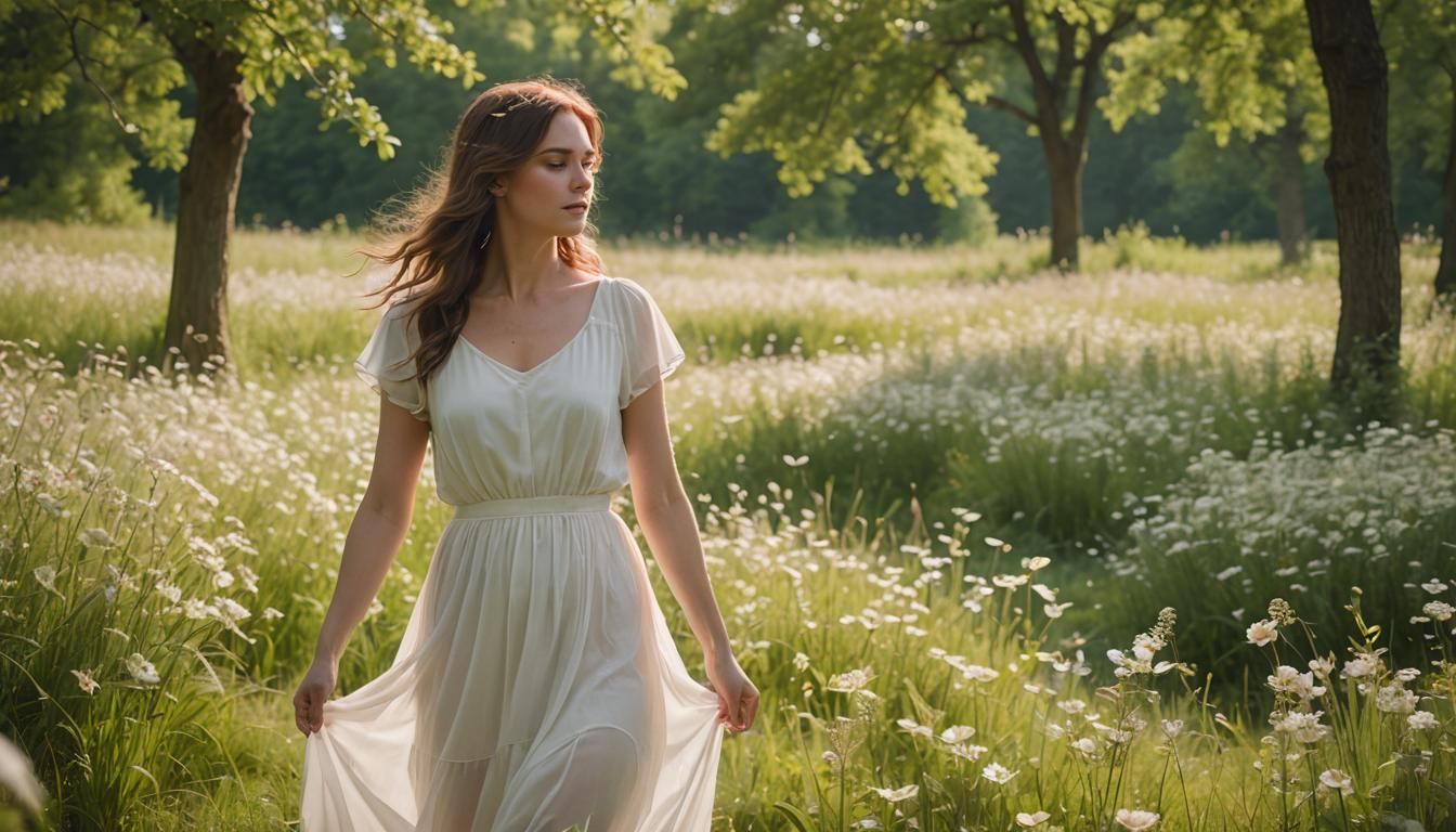Woman in White Dress in Summer Meadow