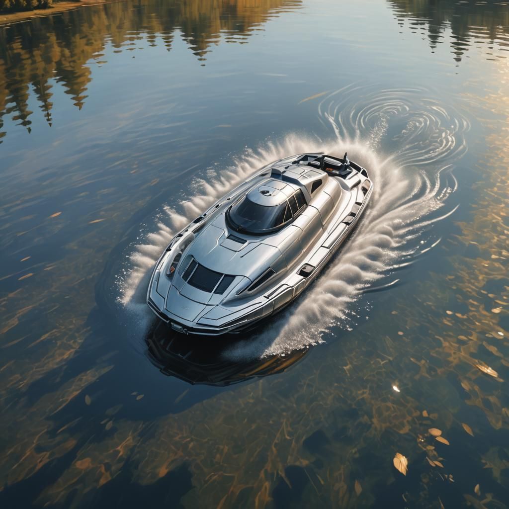 Sleek Silver Hovercraft Glides on Crystal Lake