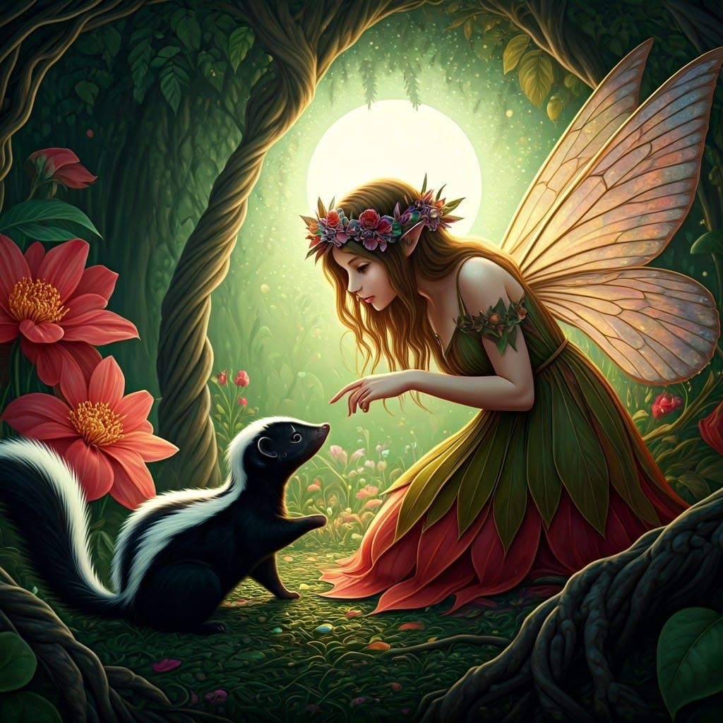 Fairy and Skunk in Moonlit Garden: Ethereal Art