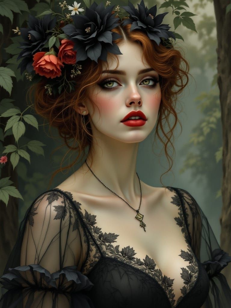 Sensual Art Nouveau Goddess with Dark Lace and Languid Expre...