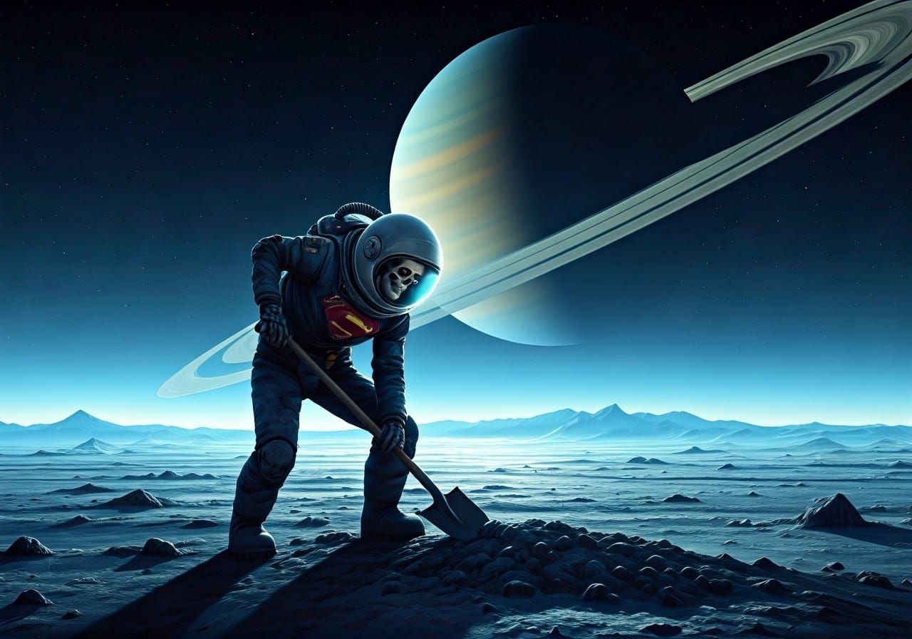 Astronaut Superman Skeleton Digging Grave on Saturn Moon