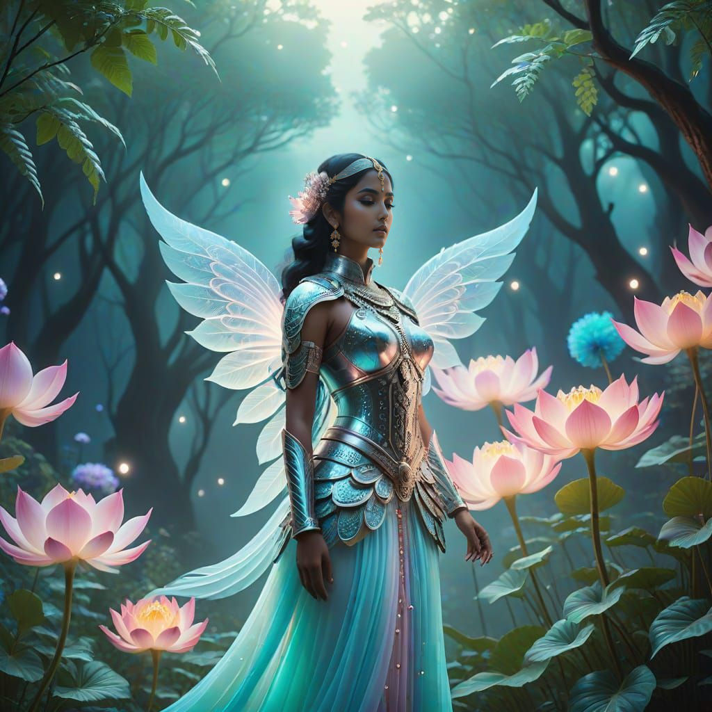 Ethereal grace unfolds in a celestial garden embrace