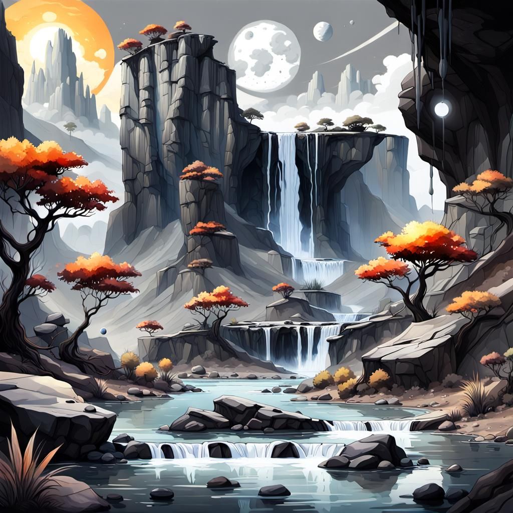 Grey Alcohol Ink Dream Landscape at Twilight