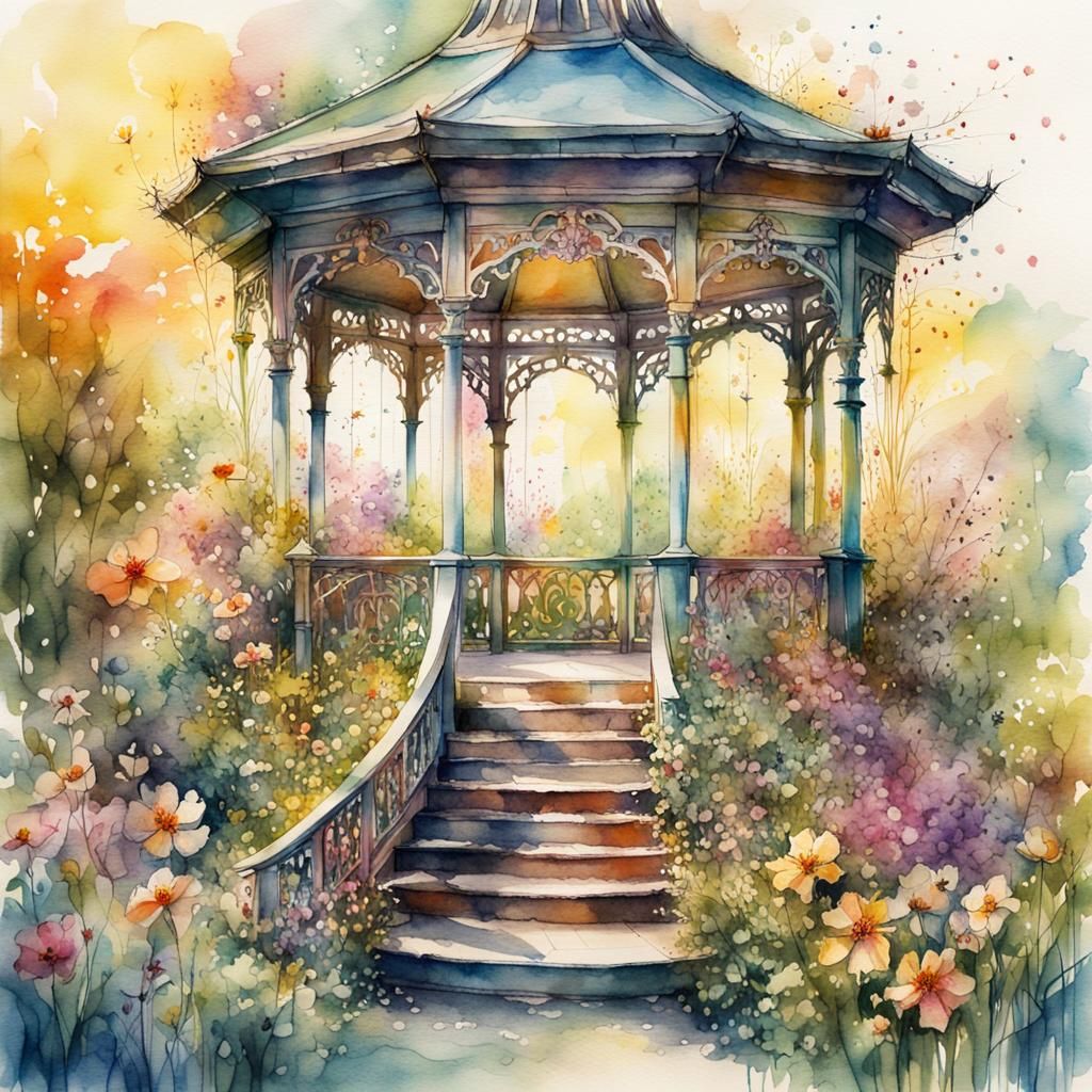 Whimsical Flower Garden in Golden Light Watercolor