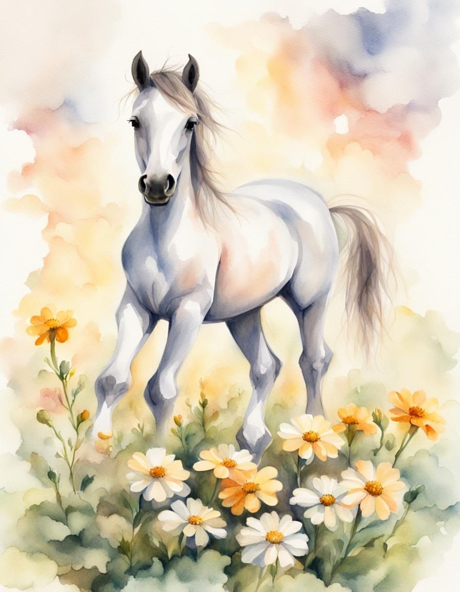 a very simple hyper realistic watercolor drawing of a cute horse baby standing on a flower floor, playing with a flower ...