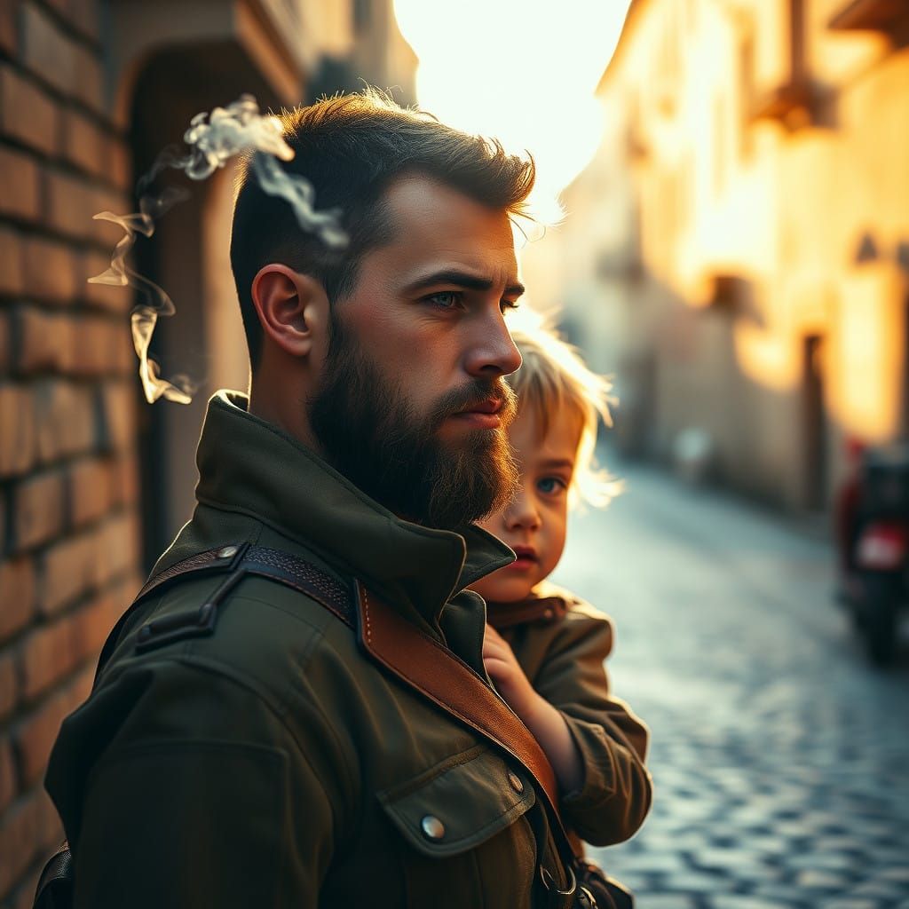 Soldier's Moment with Son in Warm Golden Light