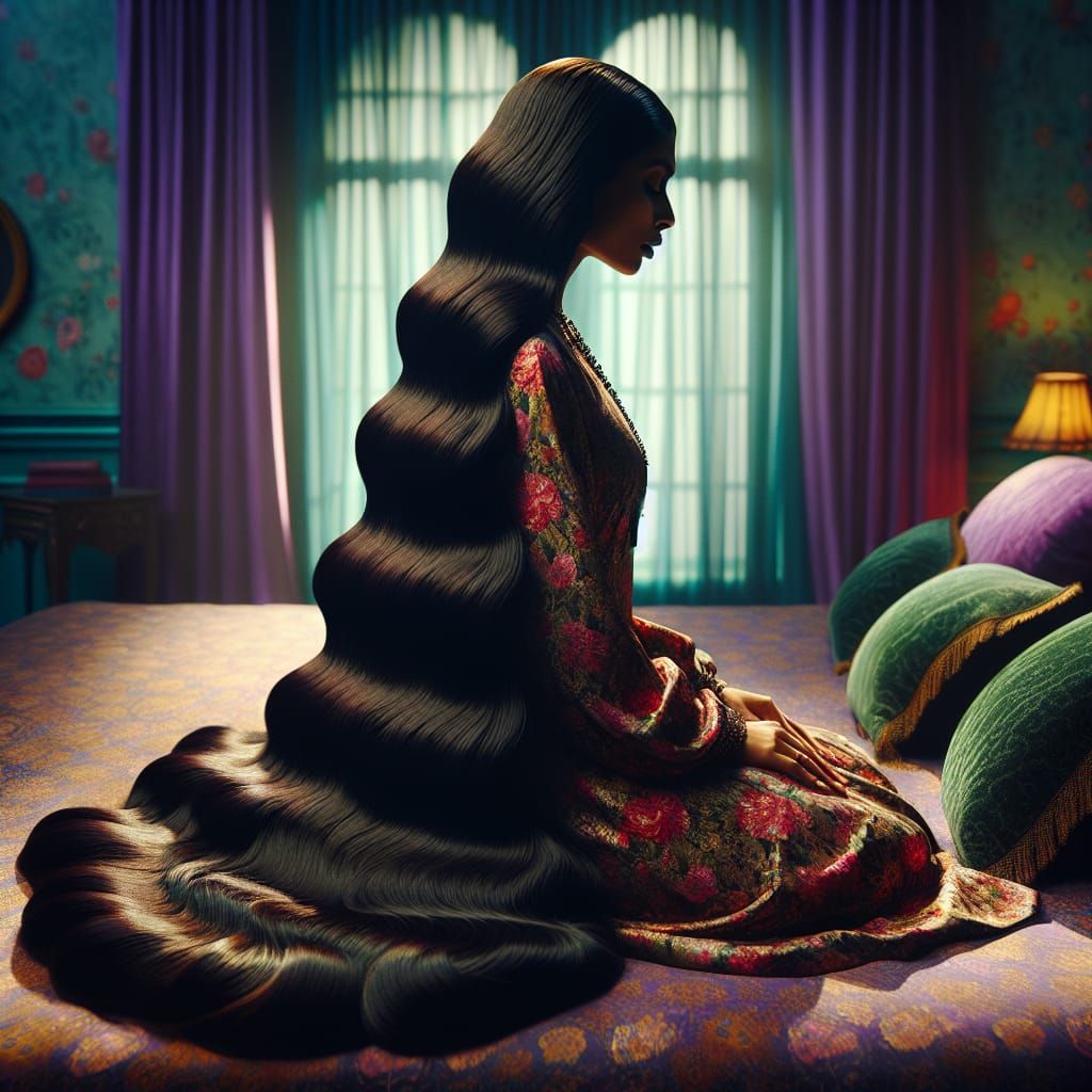 Woman with Long Hair in Pastel Bedroom: Hyperrealistic Art