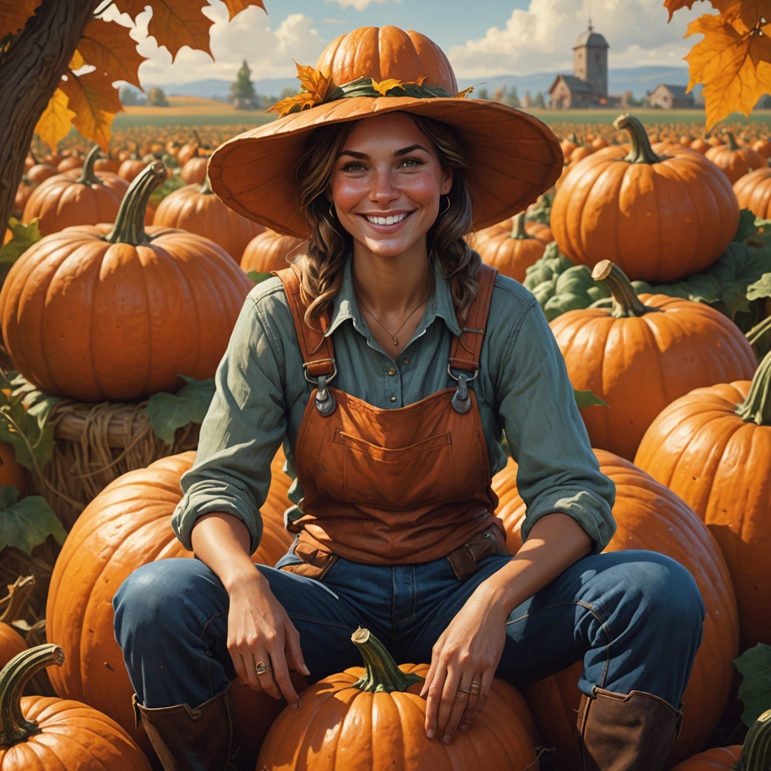 Farmer Portrait on Giant Pumpkin, Detailed Digital Art