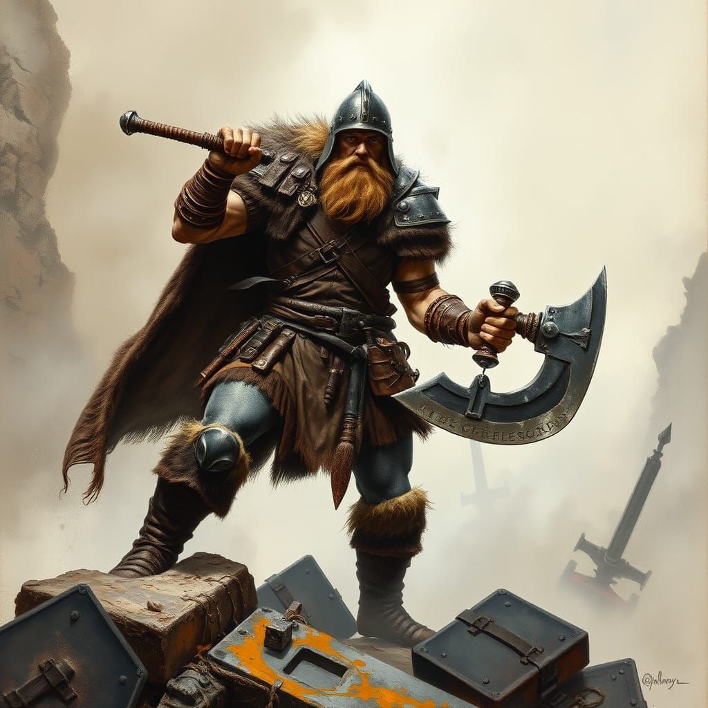 Barbarian Hero in Battle-Scarred Landscape