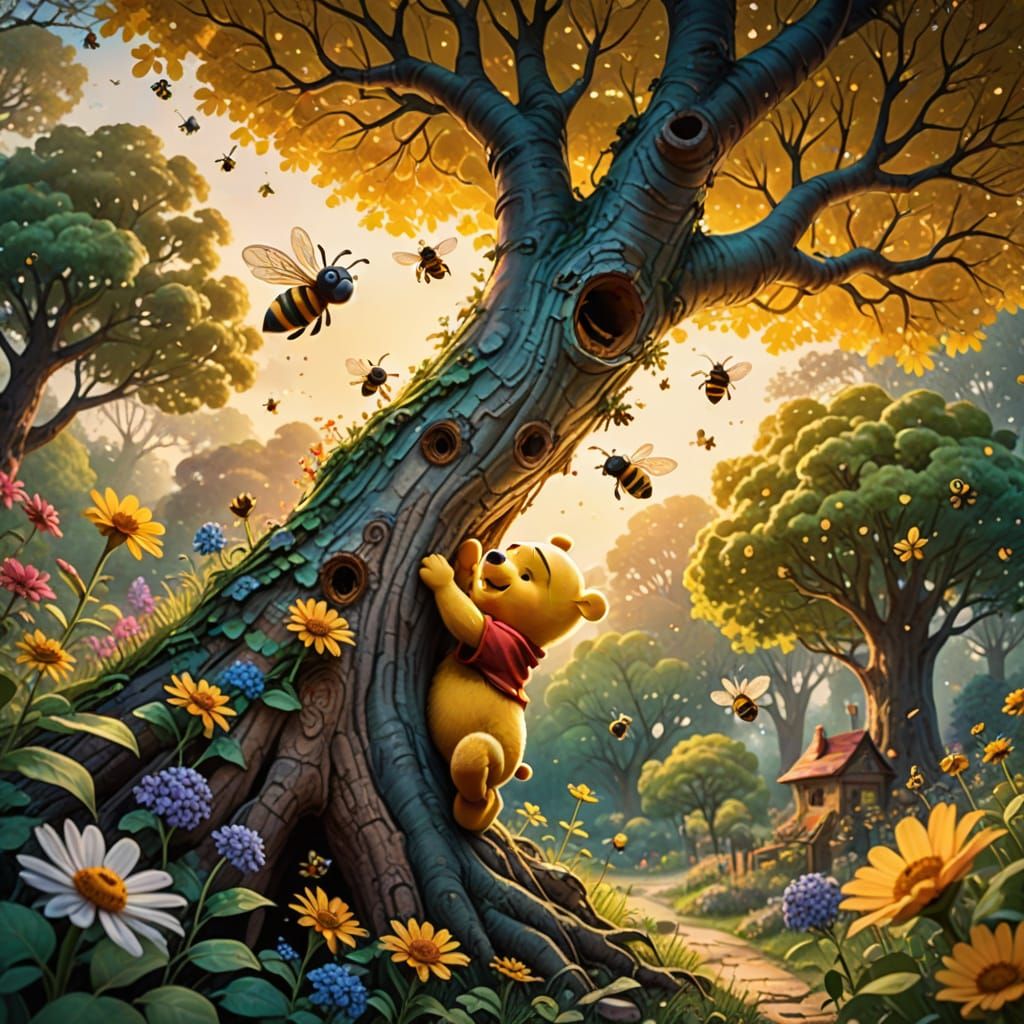 Whimsical Winnie the Pooh Amidst a Bustling Bee Hive